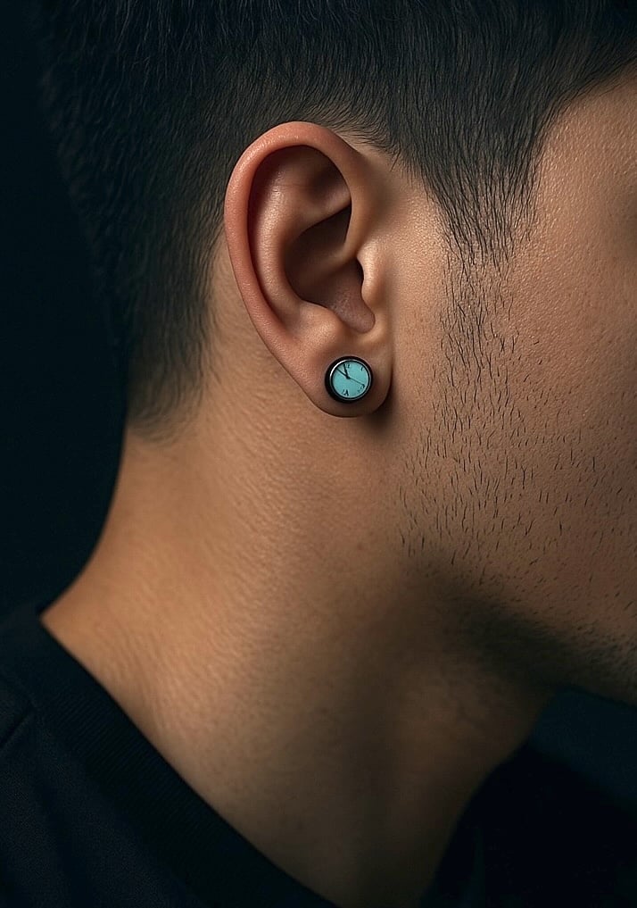 zwarte stalen oorstekers met turquoise steen voor heren