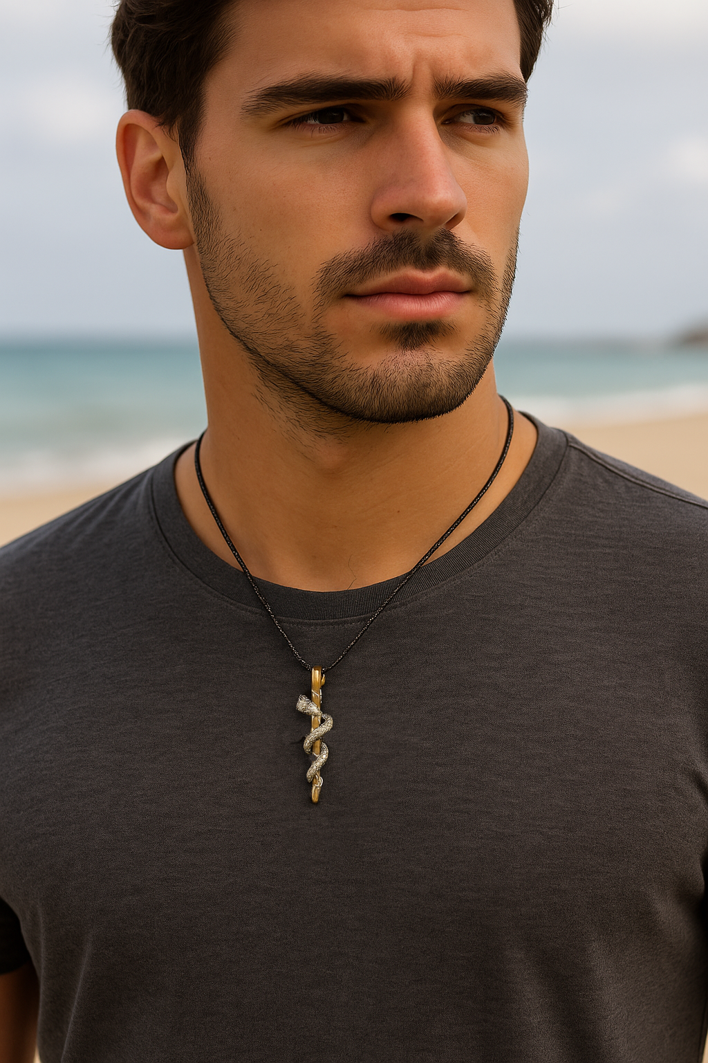 collier Bâton d’Asclépios argent massif pour homme