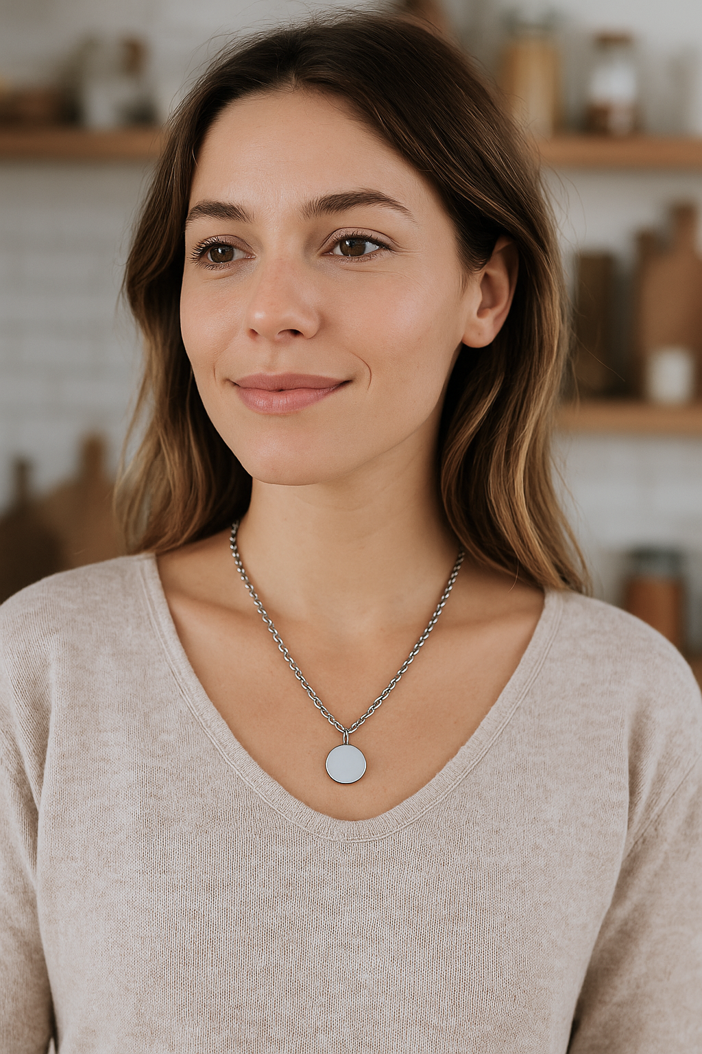 Round Stainless Steel Photo Pendant Necklace for Women